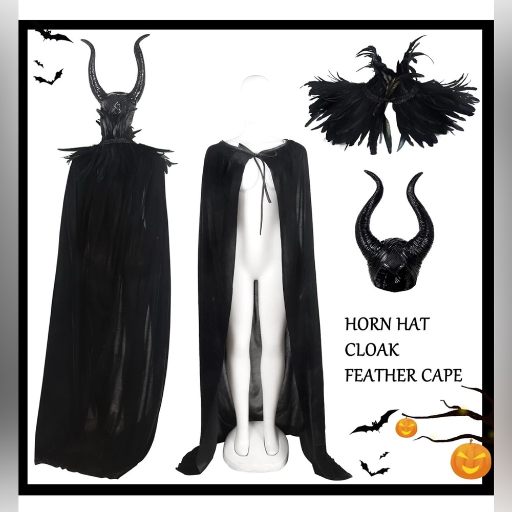 Maleficent Costume: Headpiece, Festher Collar, Cape - Picture 2 of 3